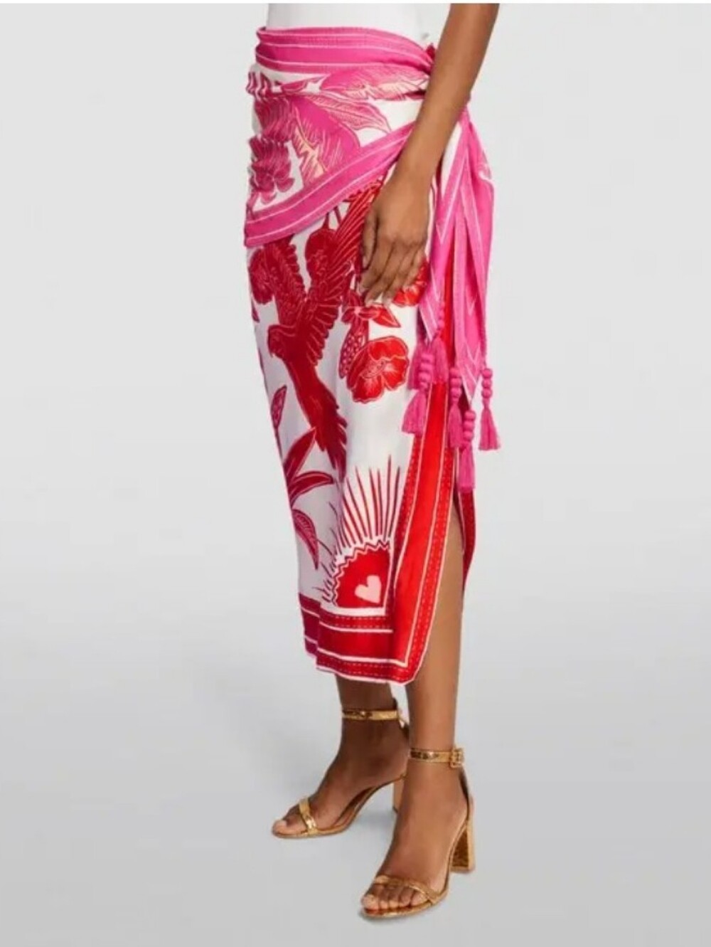 FARM Rio Pink and Red Tropical Dream Wrap Midi Skirt Size L